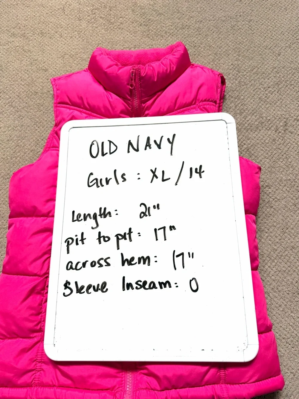 Old Navy Frost Free Girls XL / 14 Hot Pink Full Zip Puffer Vest